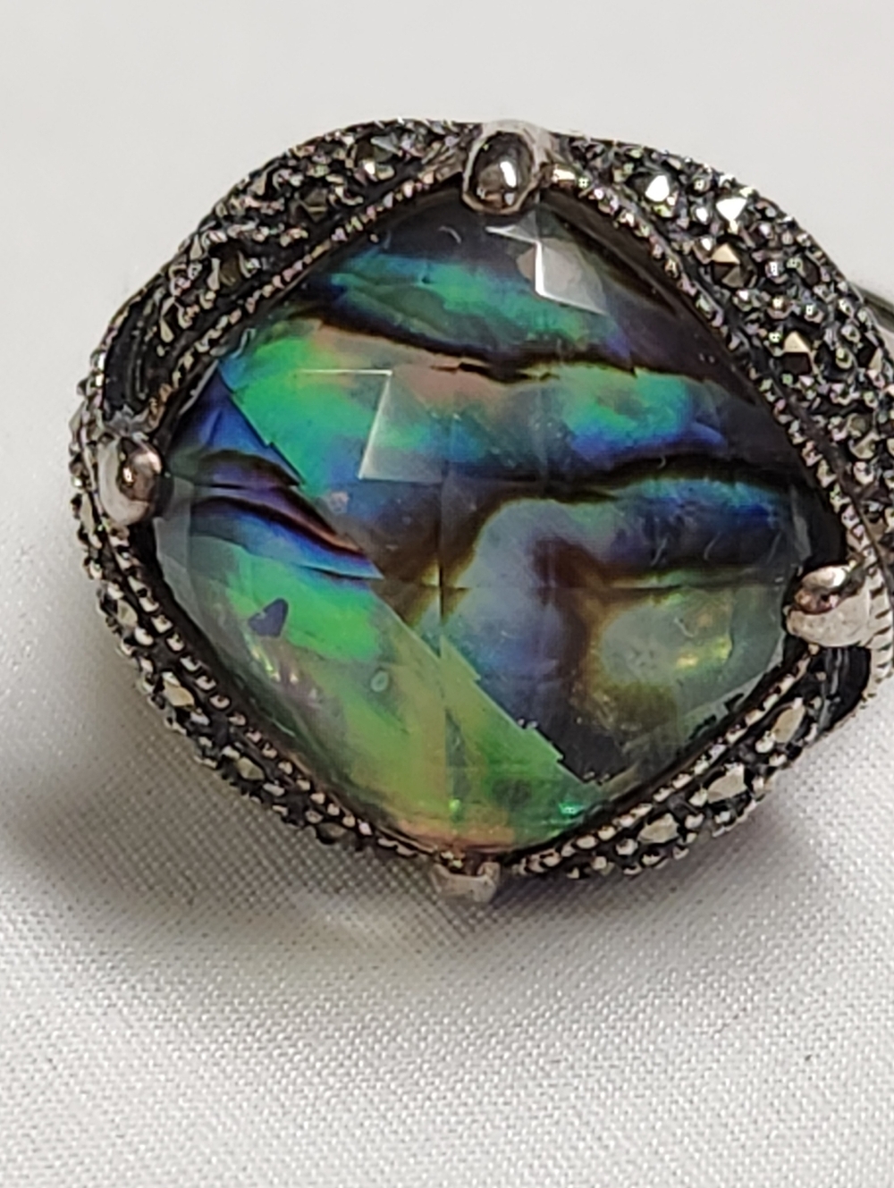 MARC JACOBS Sterling Silver Abalone Shell Ring With Marcaste Accents Size 8 - Picture 14 of 17